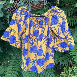 Gold and Blue Rose Floral Silk Blouse